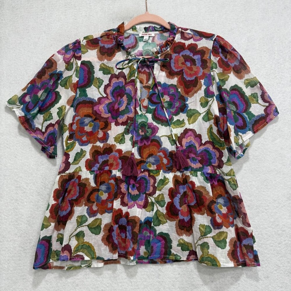 Johnny Was Shirt Womens Medium White Floral Boho Peasant Tassel Top Gauze Cotton